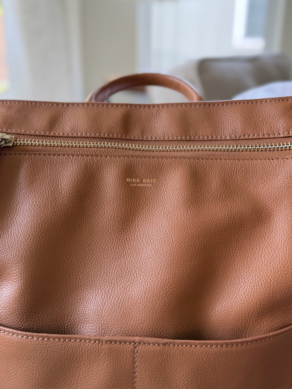 Mina Baie Harper Leather Midi Backpack Bag Tan Shoulder Strap - Picture 6 of 12